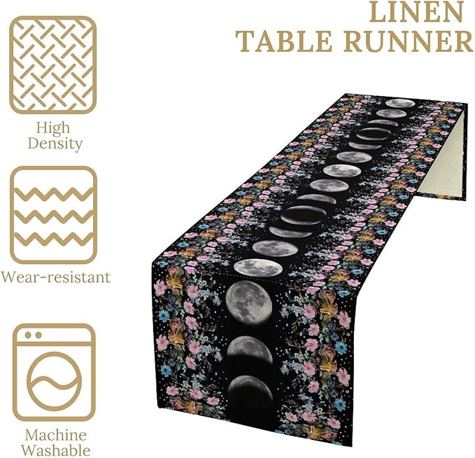 Boho Floral Moon Table Runner, Spring Flower Leaves Mystical Gothic Sun Moon Table Runner for Kitchen Dining Table Home Party,13x60 Inch Purple