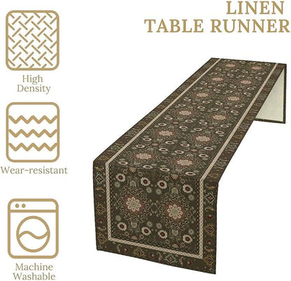 Vintage Boho Floral Table Runner, Rustic Country Farmhouse Brown Bohemia Flower Pattern for Home Kitchen Table Decor Dining Coffee Room Party Decor 13x60in