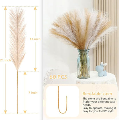 60 Pcs Brown Pampas Grass Decor 21.7 Inch Faux Pampas Grass Bulk Artificial Dried Flowers Small Vase Filler Pompas Grass.