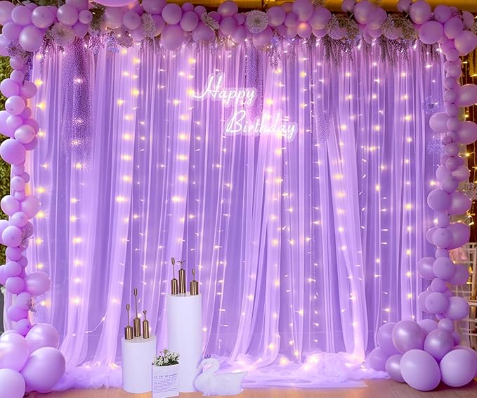 Lavender Tulle Photo Backdrop Curtain with Lights String for Parties Wedding Bridal Shower Sheer Lavender Curtain Backdrop for Birthday Party Baby Shower Photo Booth Photography 20ft x 10ft