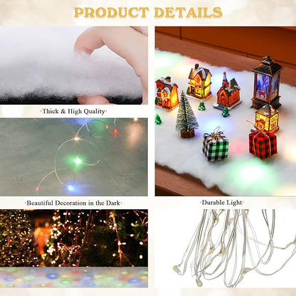 Jetec LED Christmas Fake Snow Blanket with Lights Artificial Snow Blanket with 2 Pcs LED Lights Lighted Snowflake Table Runner for Christmas Tree Village Display Winter Party Decor(15.75''x 49.21'')