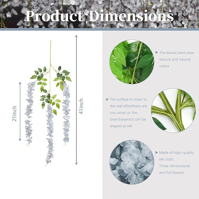 24 Pack Grey Wisteria Hanging Flowers, 3.4 Ft Fake Hanging Flowers, Artificial Wisteria Garland Vines for Wedding Room Backdrop Outdoor Patio Garden Decoration