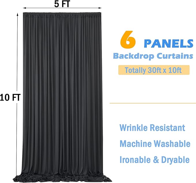 30ftx10ft Wrinkle Free Black Backdrop Curtain for Parties, 6 Panels 5x10ft Silky Polyester Photo Backdrop Drapes Back Drop Cloth for Wedding Birthday Photography Background Decor