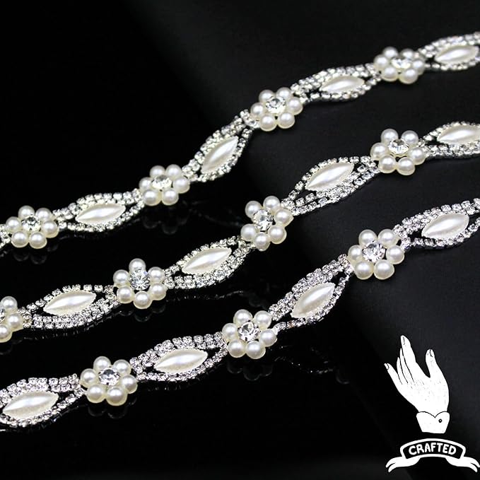1 Yard Pearl Rhinestone Trim Chain Silver String Crystal Applique Fringe Ribbon Strips Beads Sewing Dress DIY Party Wedding Bouquet for Decoration Bridal Costume Embellishment