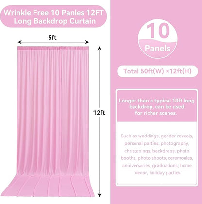 50ftx12ft Wrinkle Free Pink Backdrop Curtain, 10 Panels 12FT Height Pink Wedding Backdrop Drapes, Silky Polyester Back Drop Cloth for Birthday Photography Background Party Backdrop Draping
