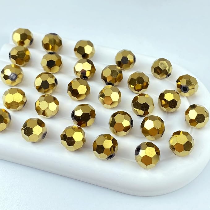 100 PCS 8mm Crystal Glass Beads Round Multiple Faceted Loose Spacer Glass Beads for DIY Handcrafte Bracelet Necklace Earring Jewelry Making(Gold)