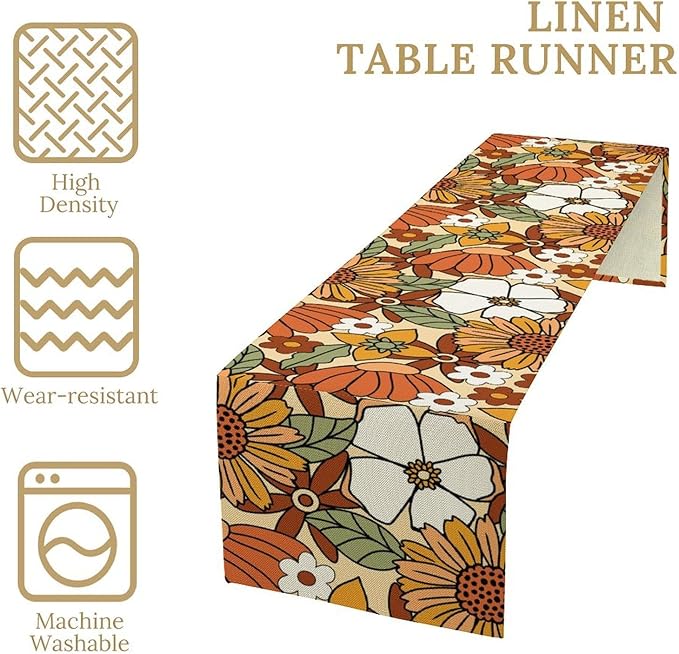 Vintage Floral Table Runner,Boho 70s Style Retro Flower Table Cloth Kitchen Dining Table Home Party Decoration 13x90 Inch
