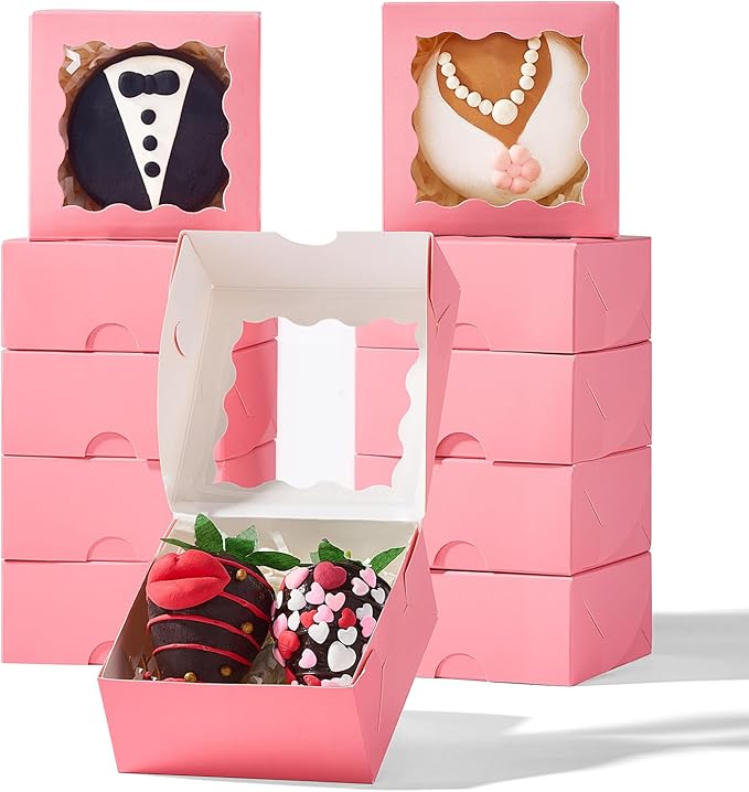 RomanticBaking 3 ¼" x 3 ¼" x 1 ½" 50PCS Chocolate Truffle Boxes for 4，Cookies Boxes Soap Boxes Donut Boxes Macaron Boxes Mini Bakery Boxes with Window Brownie Box