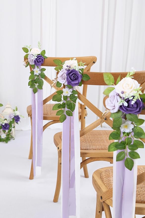 10 Wedding Aisle Decorations for Ceremony - Purple Chair Flowers for Aisle Decor and Church Pew Decorations