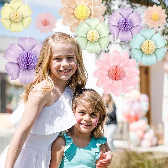SUNBEAUTY 9 PCS Pastel Rainbow Party Decorations 10 Inch Giant Paper Flowers 3D Honeycomb for Party Pastel Hanging Flower Decorations for Girls Wall Birthday Wedding Backdrop Bridal Shower Classroom