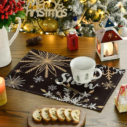 Artoid Mode Black Snowflake Let It Snow Winter Placemats Set of 6, 12x18 Inch Seasonal Christmas Table Mats for Party Kitchen Dining Decoration
