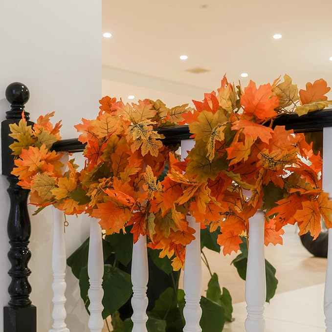 PARTY JOY 6PCS Orange Leaf Garland, 5.6Ft Halloween Garland Artificial Maple Leaf Autumn Hanging Fall Vines Thanksgiving Decorations Fall Decor