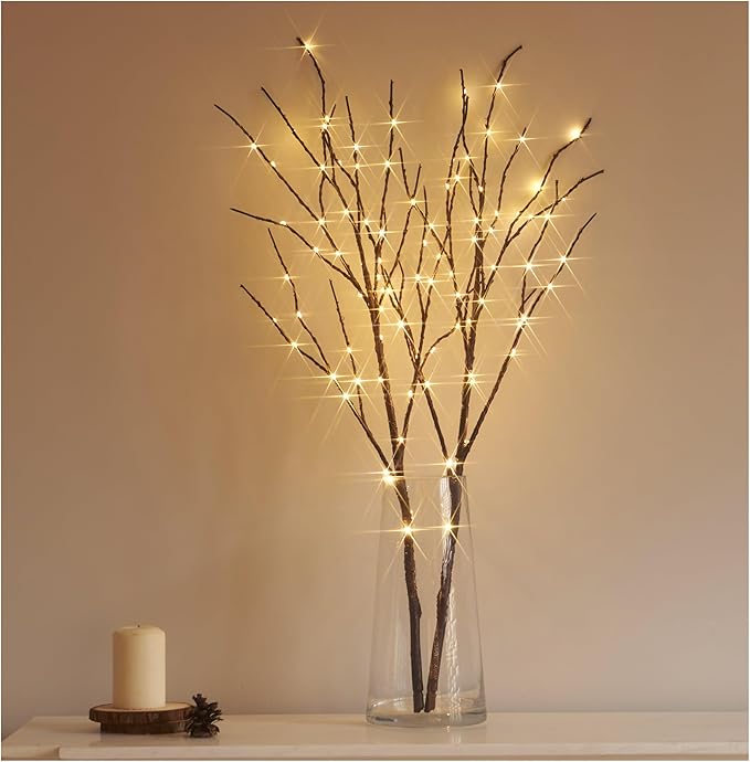 Hairui Lighted Brown Branches Battery Operated with Timer 30IN 100 LED Fairy Lights, Willow Branch Lights for Home Bedroom Fireplace Christmas Holiday Decoration Indoor Outdoor Use (Vase Excluded)
