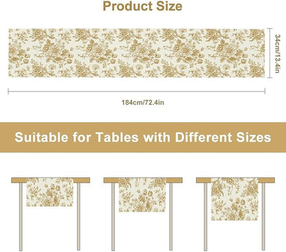 Retro Floral Table Runner, Golden White Wildfloral Sketch Print Kitchen Dinning Table Runner for Indoor Outdoor Home Wedding Party Holiday, 13x90 Inch