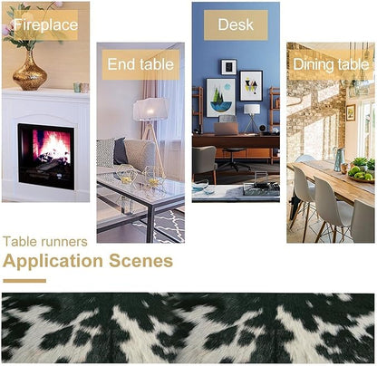 Cow Skin Print Table Runner, Rustic Country Farm Fur Skin Cowhide Pattern Western Style Black White Print Table Runner for Home Kitchen Dinning, 13x36 Inch