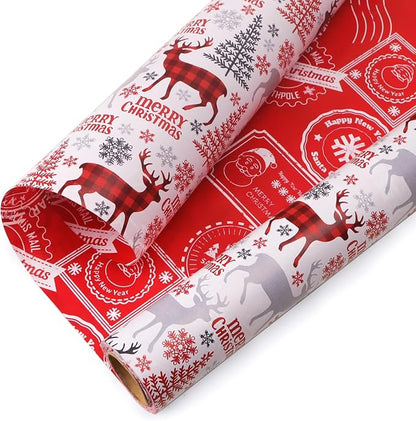 Ribbli Christmas Wrapping Paper Reversible Vintage Reindeer and Christmas Stamp Gift Wrapping Paper Rolls Holiday Presents Decoration-17 Inch x 33 Feet