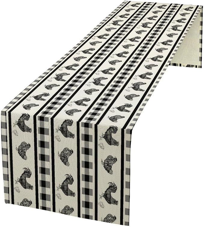 Rooster Table Runner,Farmhouse Animal Vintage Chicken Black White Plaid Check Tablecloth Burlap for Hotel Indoors Outdoor Dining Room Kitchen Home Decor,W13X L70 in