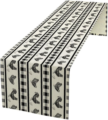 Rooster Table Runner,Farmhouse Animal Vintage Chicken Black White Plaid Check Tablecloth Burlap for Hotel Indoors Outdoor Dining Room Kitchen Home Decor,W13X L70 in