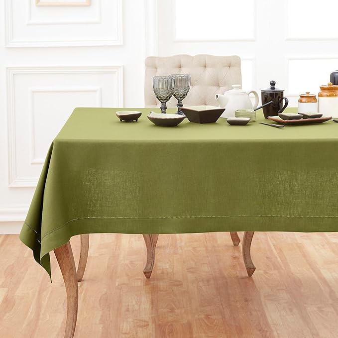Solino Home Avocado Green Linen Tablecloth 52 x 52 Inch - 100% Pure Linen Square Table Throw - Classic Hemstitch, Machine Washable Table Cloth for Fall, Autumn, Thanksgiving