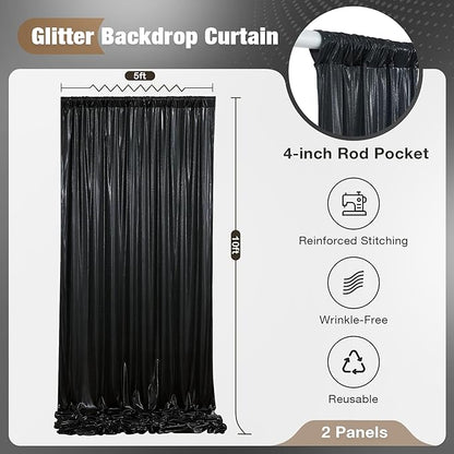 10x10FT Black Sequin Backdrop - 2 Panels 5x10FT Wrinkle-Free Glitter Drapes for Weddings, Parties & Events