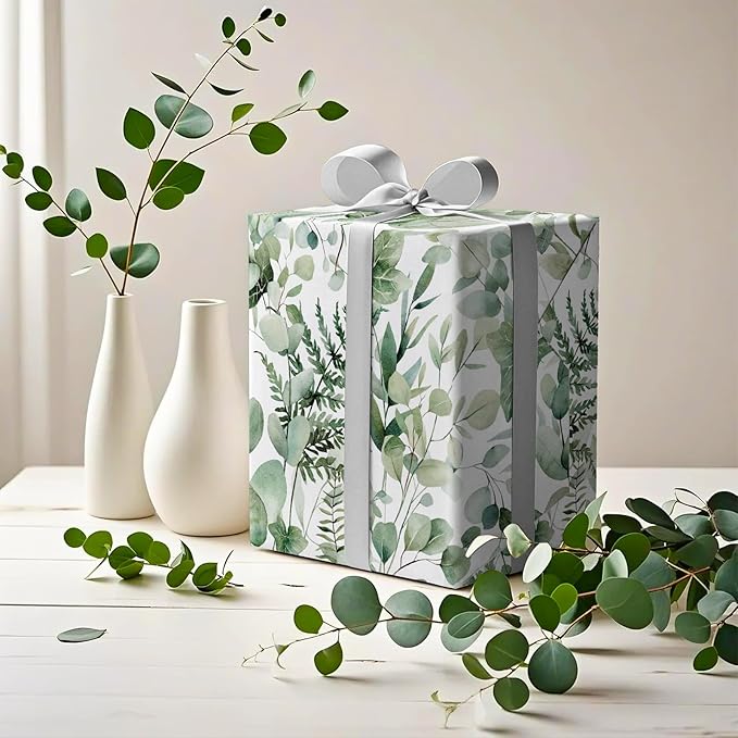 WRAPAHOLIC Eucalyptus Leaves Wrapping Paper Roll - Mini Roll - 17 Inch x 33 Feet - Greenery Wrapping Paper Perfect for Birthday, Wedding, Bridal Shower