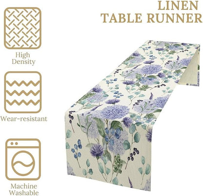 Spring Hydrangea Flower Table Runner, Seasonal Summer Plants Watercolor Eucalyptus Leaves Purple Florals Dinner Runner for Home Kitchen Dining Table Party Holiday Decoration 13"x60"