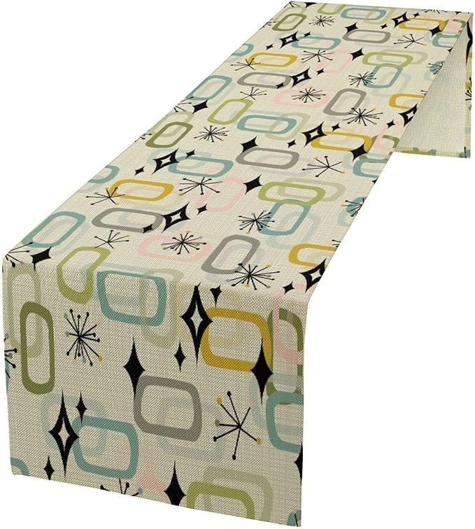 Mid Century Table Runner, Flag Retro Atomic Starburst 1950s Abstract Geometric Space Tabletop Decoration for Home Kitchen Restaurant Table Flag 13x120 Inch