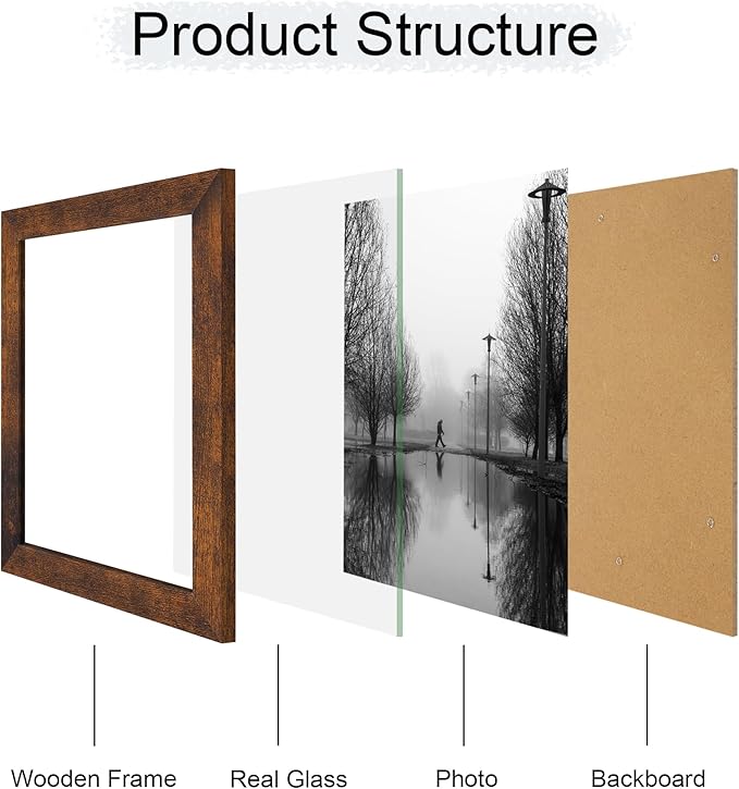 8x10 Picture Frame Set of 4, High Definition Glass 8 x 10 Frame, Wood Rustic Photo Frames for Horizontal or Vertical Display Tabletop and Wall Mounting