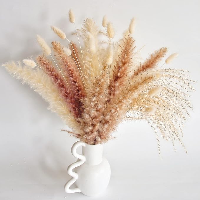 Natural Dried Pampas Grass Decor, 100 PCS Pampas Grass Contains White Bunny Tails Dried Flowers, Reed Grass Bouquet for Wedding Boho Flowers Home Table Decor, Rustic Farmhouse Party (17”)