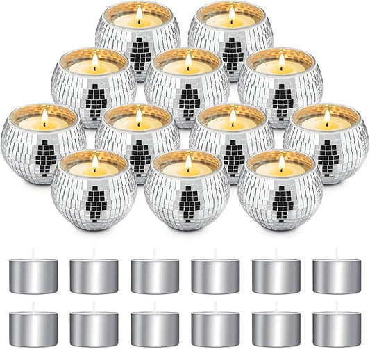 Luditek Disco Ball Candle Holders, 12 Pcs Mirror Silver Decor for Christmas Birthday Wedding NYE Party Decorations, Glass Votive with Tealights for Home Table Centerpiece, Gifts for Women