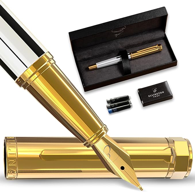 Ellington Pens Luxury Fountain Pen Set- Fountain Pens for Writing - Smooth Extra Fine Nib - Includes Refillable Ink Converter, 3 Ink Cartridges [Black & Blue], Gift Box - Elegant Calligraphy