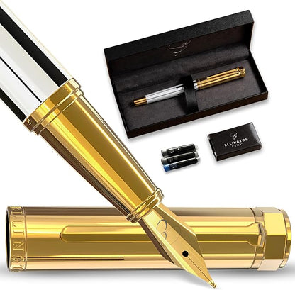Ellington Pens Luxury Fountain Pen Set- Fountain Pens for Writing - Smooth Extra Fine Nib - Includes Refillable Ink Converter, 3 Ink Cartridges [Black & Blue], Gift Box - Elegant Calligraphy