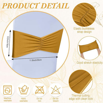 Moukeren 100 Pcs Spandex Chair Sashes Bows Bands Slider Sashes for Chair Covers Elastic Bands Ties Ribbon Decorations for Wedding Party Events Ceremony Birthday Banquet(Gold)