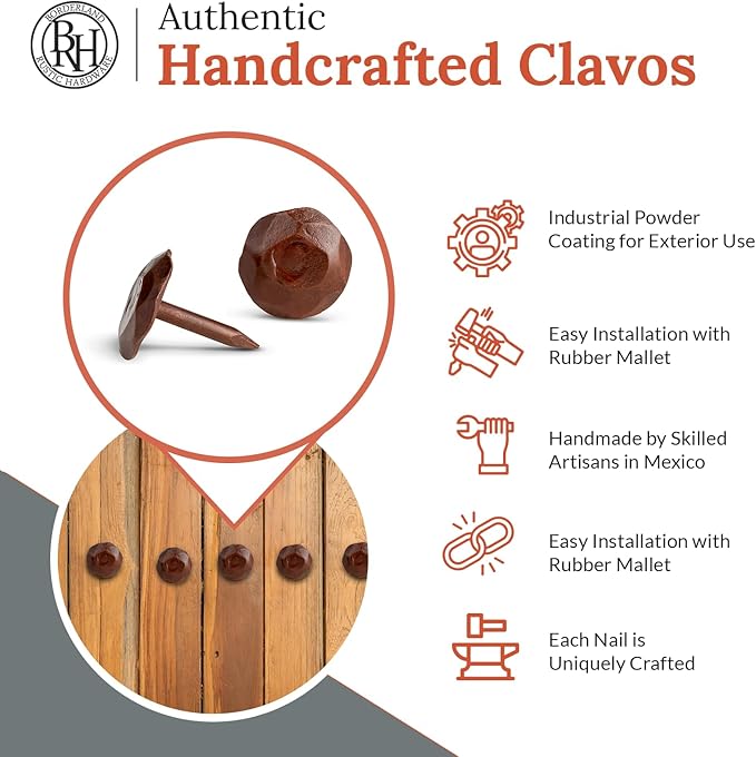 50 Pack 0.75" Round Head Iron Clavos Decorative Nails – Sealed Rusted – Handmade Rustic Round Fasteners for Farmhouse Shutters, Faux Wood, Barn Doors, Shutters, Gates – Ornamental Wood Accent
