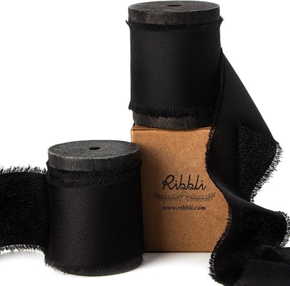 Ribbli Black Silk Satin Ribbon 1.5 Inch x 12 Yard Handmade Frayed Chiffon Ribbon with Wooden Spool for Gift Wrapping, Wedding Invitations, Bridal Bouquets & Home Decor