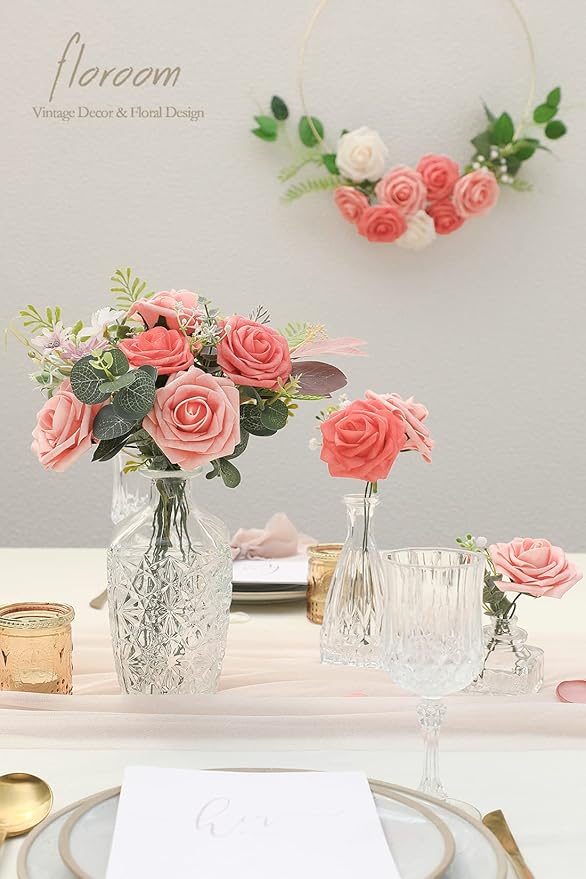 Floroom Artificial Flowers 50pcs Real Looking Mixed Living Coral Foam Fake Roses with Stems for DIY Wedding Bouquets Bridal Shower Centerpieces Floral Arrangements Party Tables Home Decorations