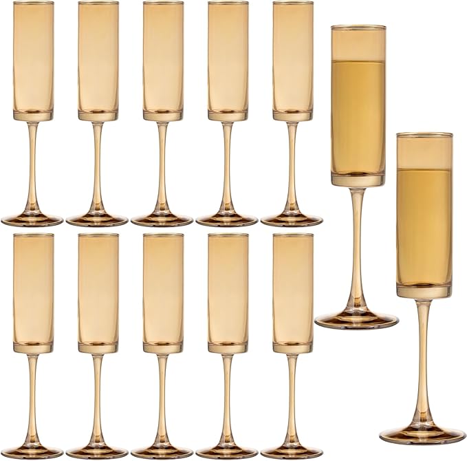 12 Pieces Amber Champagne Flutes 6 OZ Straight Sided Wine Glasses Champagne Long Stem Drinking Colored Glasses,Set of 12 Hand Blown Champagne Flutes Goblets for Wedding Cocktail Cups,Cava, Prosecco