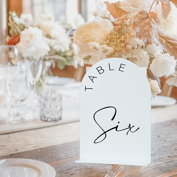 JINMURY White Arch Wedding Table Numbers 1-10 with Stands, 5x7 Inch Acrylic Arch Sign with Black Lettering, White Acrylic Table Numbers for Wedding Reception