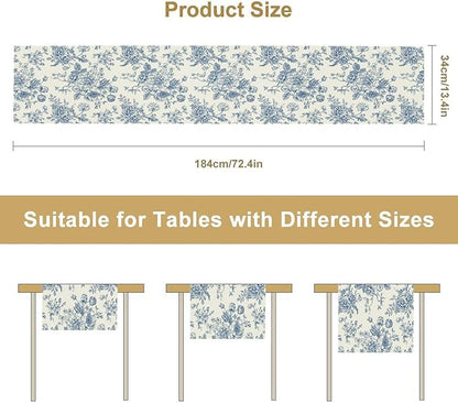 Floral Table Runner, Retro Blue Flower Chinoiserie Sketch Pattern Print Table Runner for Kitchen Dinning Table Runner Decor Home Wedding Party Holiday, 13x120 Inch