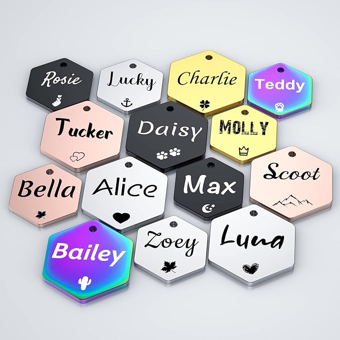 YEHANTI Personalized Dog Tags Engraved for Pets - Stainless Steel Custom Dog Cat Tag with Various Cute and Beautiful Icons, Double Sided Engraved Pet ID Tags Dog Name Tag, Hexagon