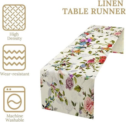 Vintage Bird Flower Table Runner Seasonal Spring Summer Garden Plants Farmhouse Country Kitchen Dinner Runner Dining Table Decoration for Home Party Holiday 13"x36"