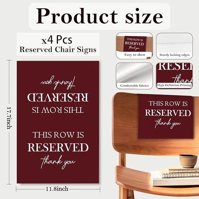 Reserved Seating Chair Signs, This Row Is Reserved Pew Cloths Seating Placeholder for Church Pews, Burgundy Wedding Decorations for Reception Parties Celebrations Event (Burgundy, 4 PCS)