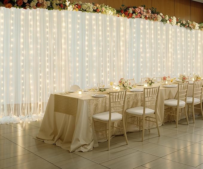 Ivory Tulle Backdrop Curtains with Lights String for Parites Wedding 20×8ft Ivory Sheer Backdrop Curtains for Baby Shower Birthday Party Photo Shoot Background Decorations(4 Panels 5ft×8ft)