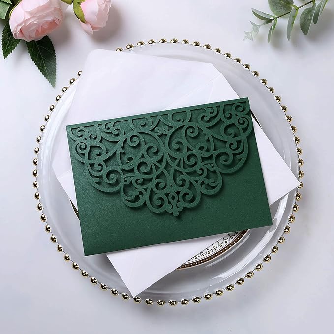 PONATIA 5.12 x 7.2 Emerald Green Laser Cut Invitation Cards, 20PCS Tri-Fold 5 x 7 Trifold Wedding Invitation Cards Pockets with Envelopes for Wedding Bridal Shower Engagement Birthday Quinceanera