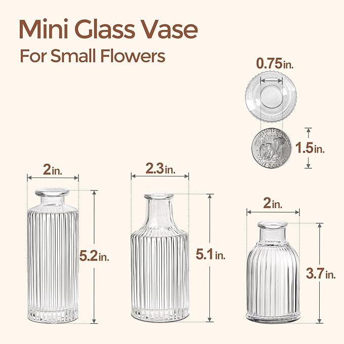 ComSaf Glass Bud Vases Set of 3, Small Flower Vases in Bulk, Mini Ribbed Vases for Centerpieces, Clear Vintage Vase for Table Decorations, Wedding, Party, Receptions, Home Decor (Different Sizes)