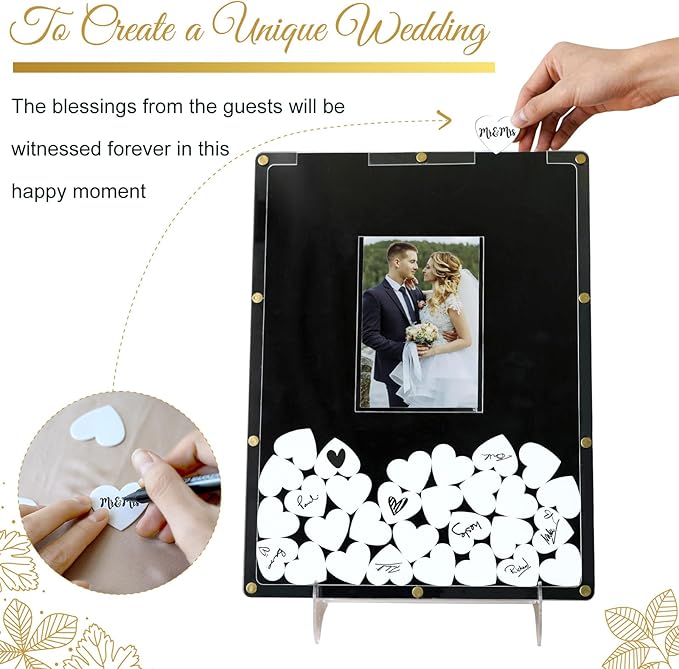 AerWo Wedding Guest Book Alternative, Acrylic Guest Book Wedding Reception Wedding Heart Guest Book Drop Box with Picture Frame,100 Acrylic Hearts,Wedding Signs for Graduations Baby Shower Anniversary