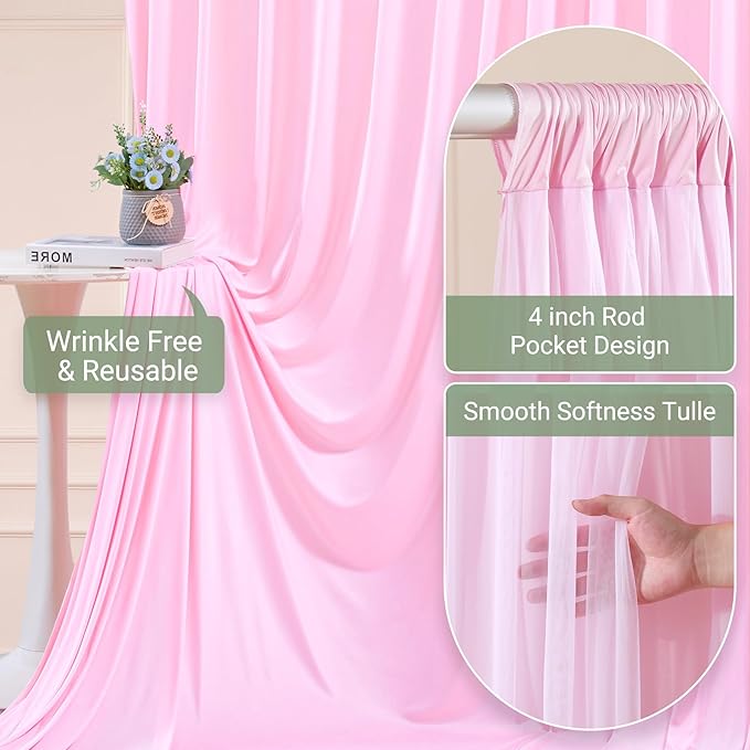 Baby Pink Tulle Backdrop Curtain for Parties Wedding,5ft x 10ft Wrinkle Free Curtain Backdrop,2 Layer Drapes for Backdrop,Polyester Back Drop for Bridal Shower Birthday Baby Shower Photography