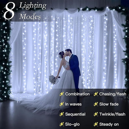 200 LED Curtain String Lights 9.8 * 6.6FT Plug in Fairy with Timer and 8 Modes, Waterproof Window Wall Lights for Bedroom Wedding Party Indoor Outdoor Christmas Decor