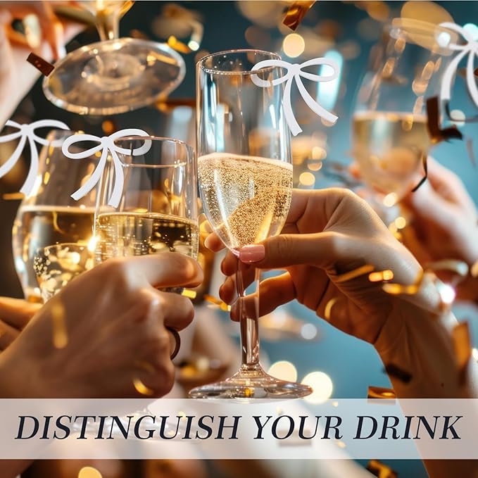 50 Pcs Bows Drink Tags Coquette Bow Wine Glass Charms Acrylic Bowknot Drink Tag for Bachelorette Birthday Wedding Coquette Tasting Party Decor Accessory(White)