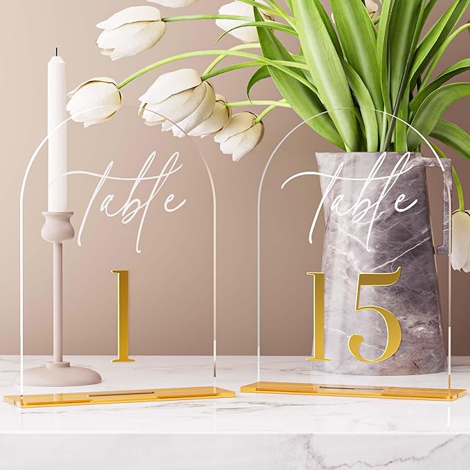 Arch Wedding Table Numbers 1-15 w/Stand, Gold 3D Table Numbers for Reception - 5.5" X 7" Elegant Acrylic Arch Sign with Holder, Perfect for Wedding, Anniversary, Banquet, and Event Decor